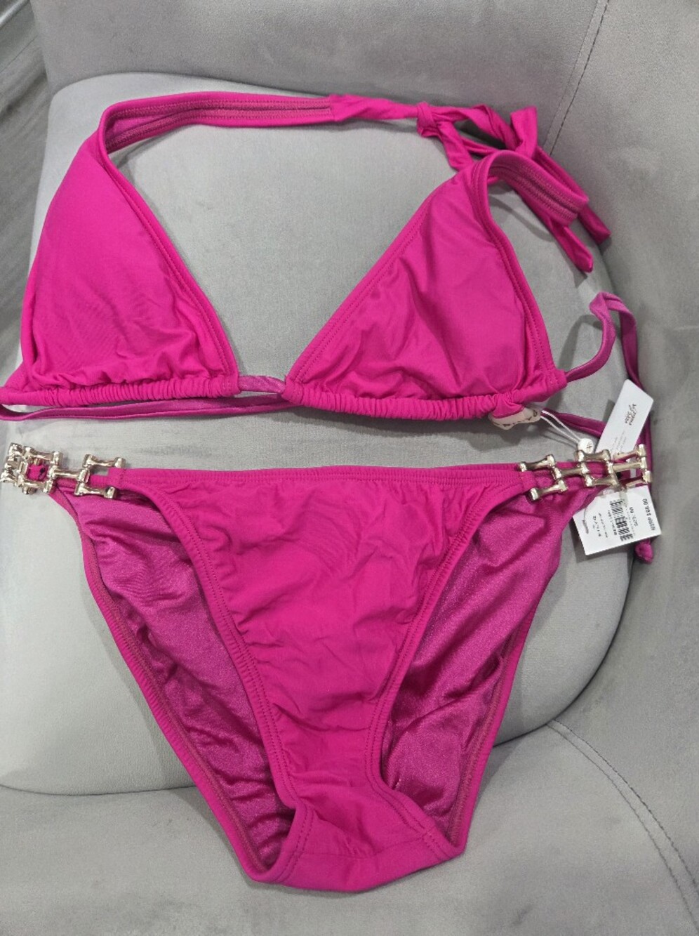 Pilyq Hot Pink Triangle Bikini with Gold Chain Accents
